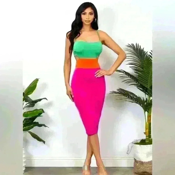 Cameo strap Pastel color block dress Bodycon - Picture 2 of 4